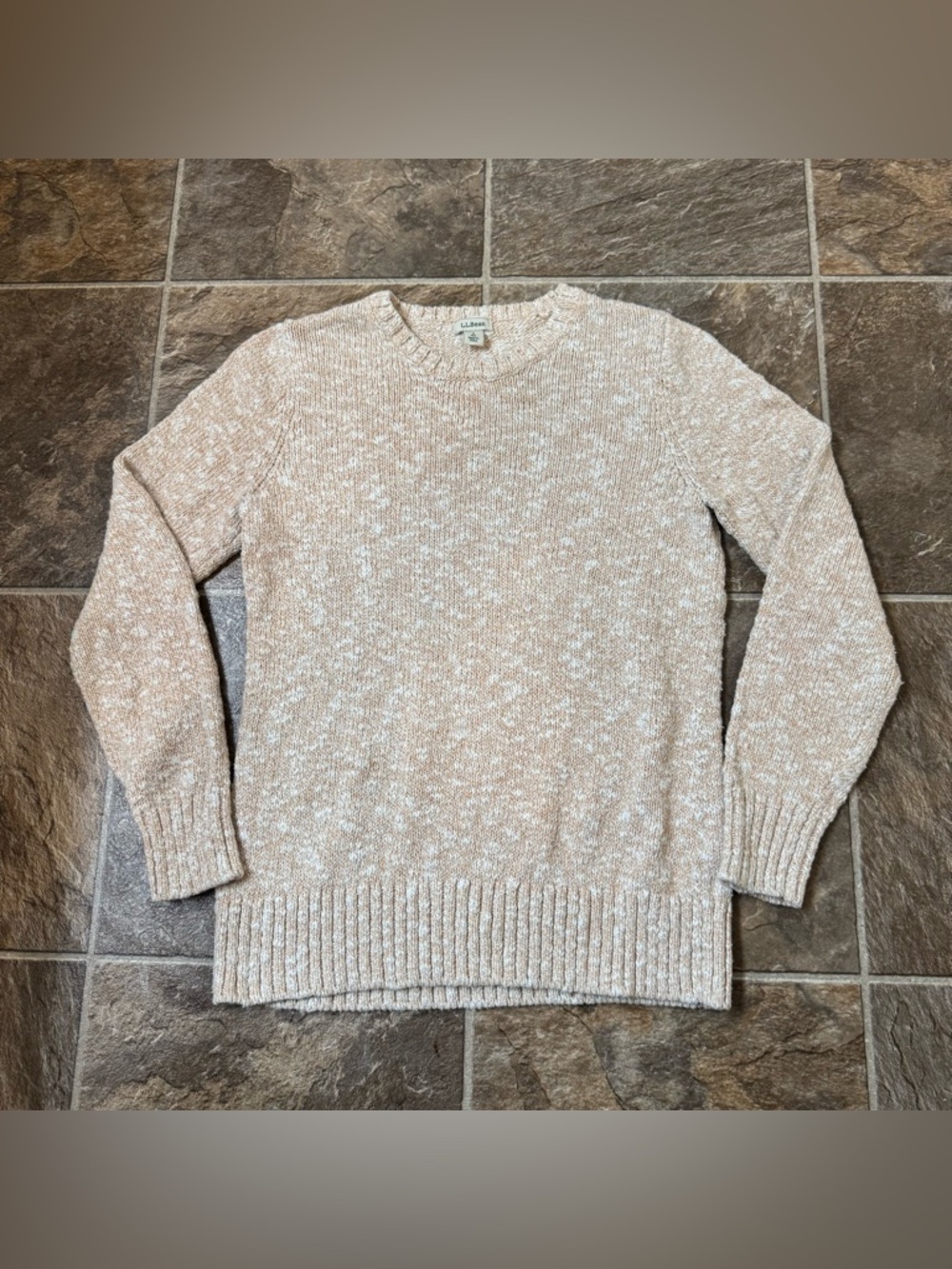 Vintage LL Bean Lambs Sweater Womens Marled Beige White Crewneck Fisherman Sz S